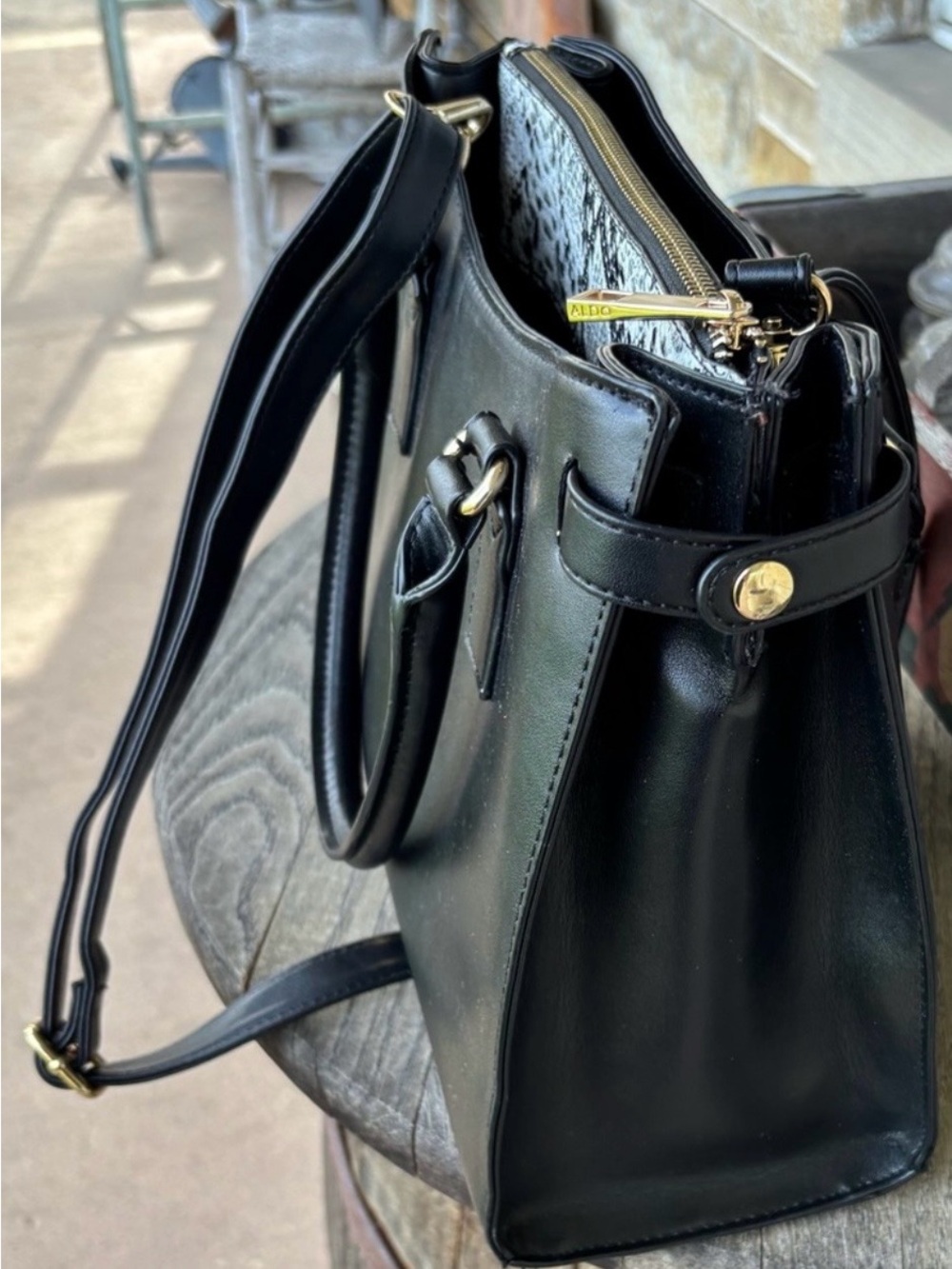 ALDO Vegan Black Tote Bag with Snake-Print Accent - Women Bags - Picture 6 of 9